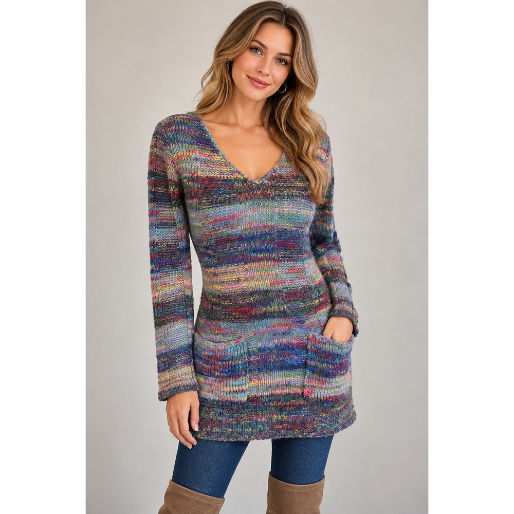 Hippie Boho Fairycore Sweater Size Medium Rainbow Space Dye V-Neck Knit Pocket